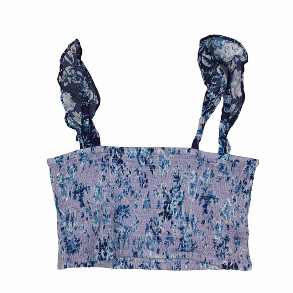 Nanette Lepore Suzie Blue Floral Smocked Ruffle Crop Top Sleeveless Women's L - Picture 4 of 6